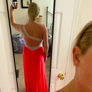 La Femme bright coral formal gown